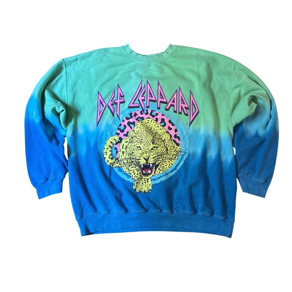 Def Leppard Sweatshirt Women Blue Teal Dip Dye Graphic Rock Retro SIZE L